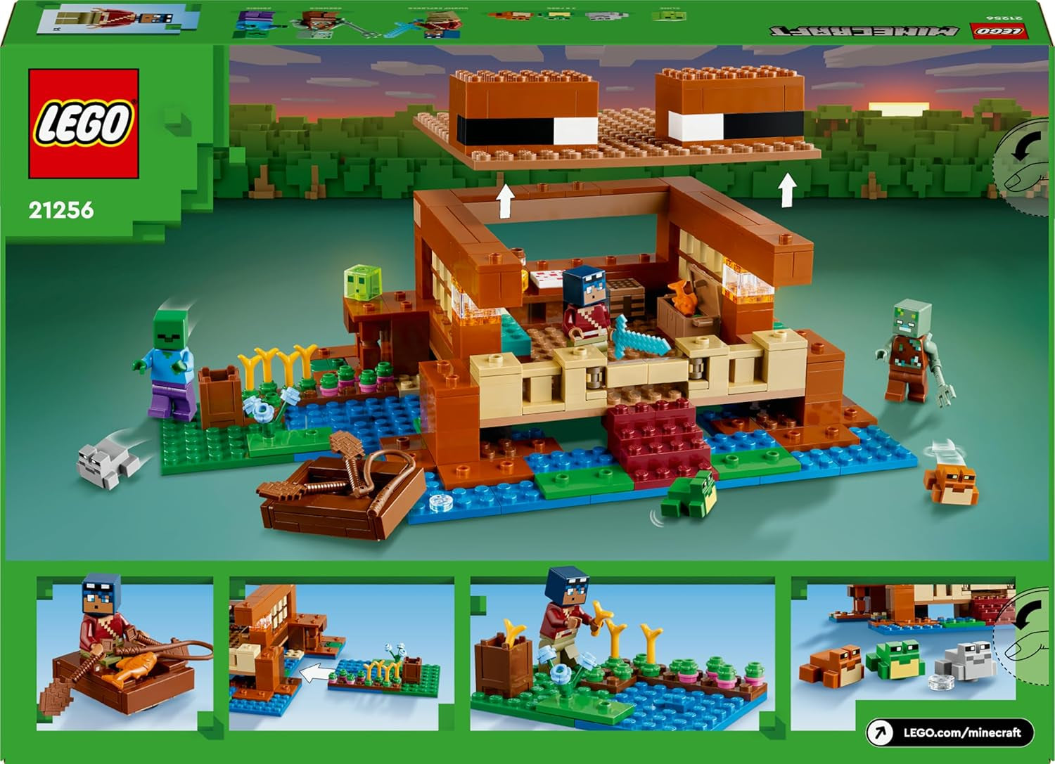 LEGO Minecraft The Frog House, leksakshus med figurer inklusive zombie, slem och drunknande man, plus tillbehör som leksaksbåt och arbetsbänk, present till pojkar och flickor från 8 år 21256 Byggset Besuche den LEGO-Store