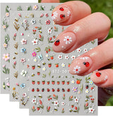 JMEOWIO 3D Nagelsticker Blumen Frucht Nail Art Sticker Selbstklebend Nagelaufkleber 5D Stereoskopisk Dekoration Nageldesign Zubehör 4 Blatt