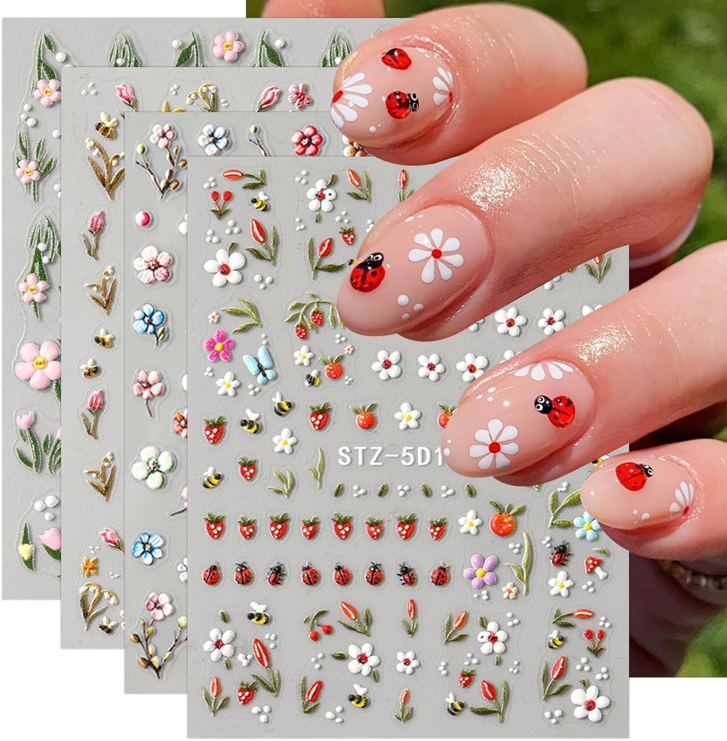 JMEOWIO 3D Nagelsticker Blumen Frucht Nail Art Sticker Selbstklebend Nagelaufkleber 5D Stereoskopisk Dekoration Nageldesign Zubehör 4 Blatt