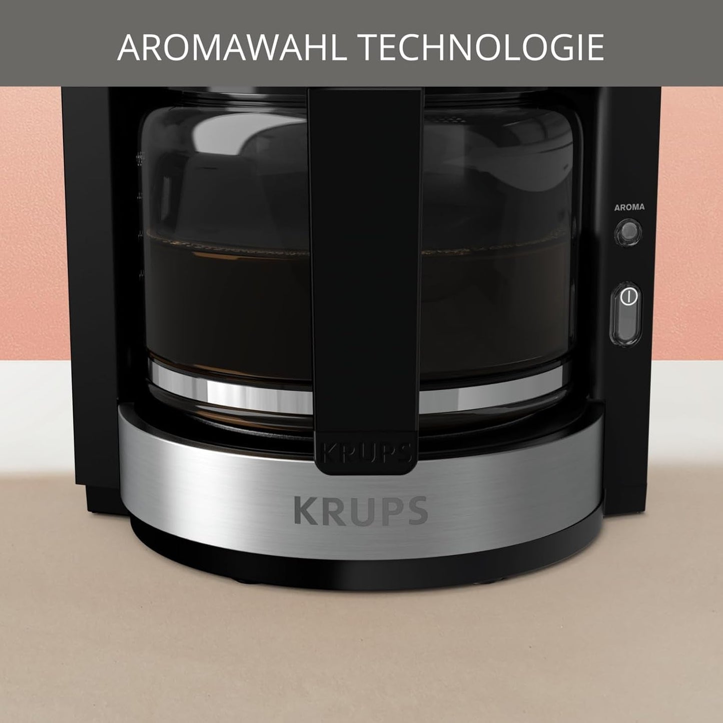 Krups KM3210 Pro Aroma Plus Espressomaskin, 10 koppar, 1,25 L, Håll värmen i 30 minuter, Synligt vattennivåfönster, Anti-droppsystem, Svart med applikationer i rostfritt stål