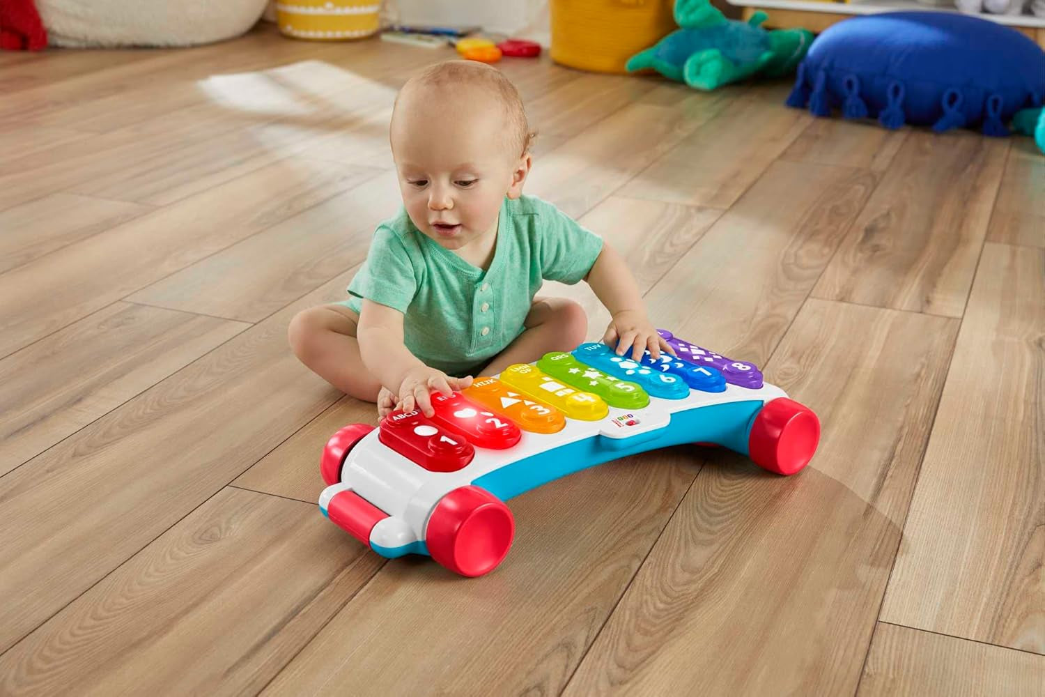 Fisher-Price Light-up jättexylofon - elektroniskt musikinstrument att dra med i sånger med lärande innehåll, för barn, småbarn från 9 månader, flerfärgad, version: franska, HJK40 Jucarii Bebe Naty Shop