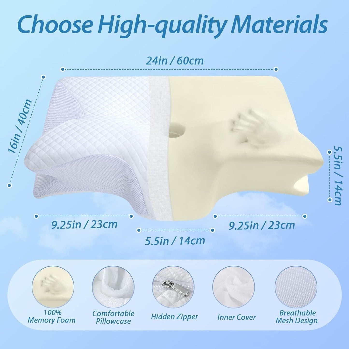 HOMCA nackkudde Ortopedisk kudde 2 i 1 Memory Foam Kudde Nackstödskudde Ergonomisk huvudkudde för rygg-, sido- och buksmärtor 60 X 13/11 X 40 cm Naty Shop Cervikala ortopediska kuddar