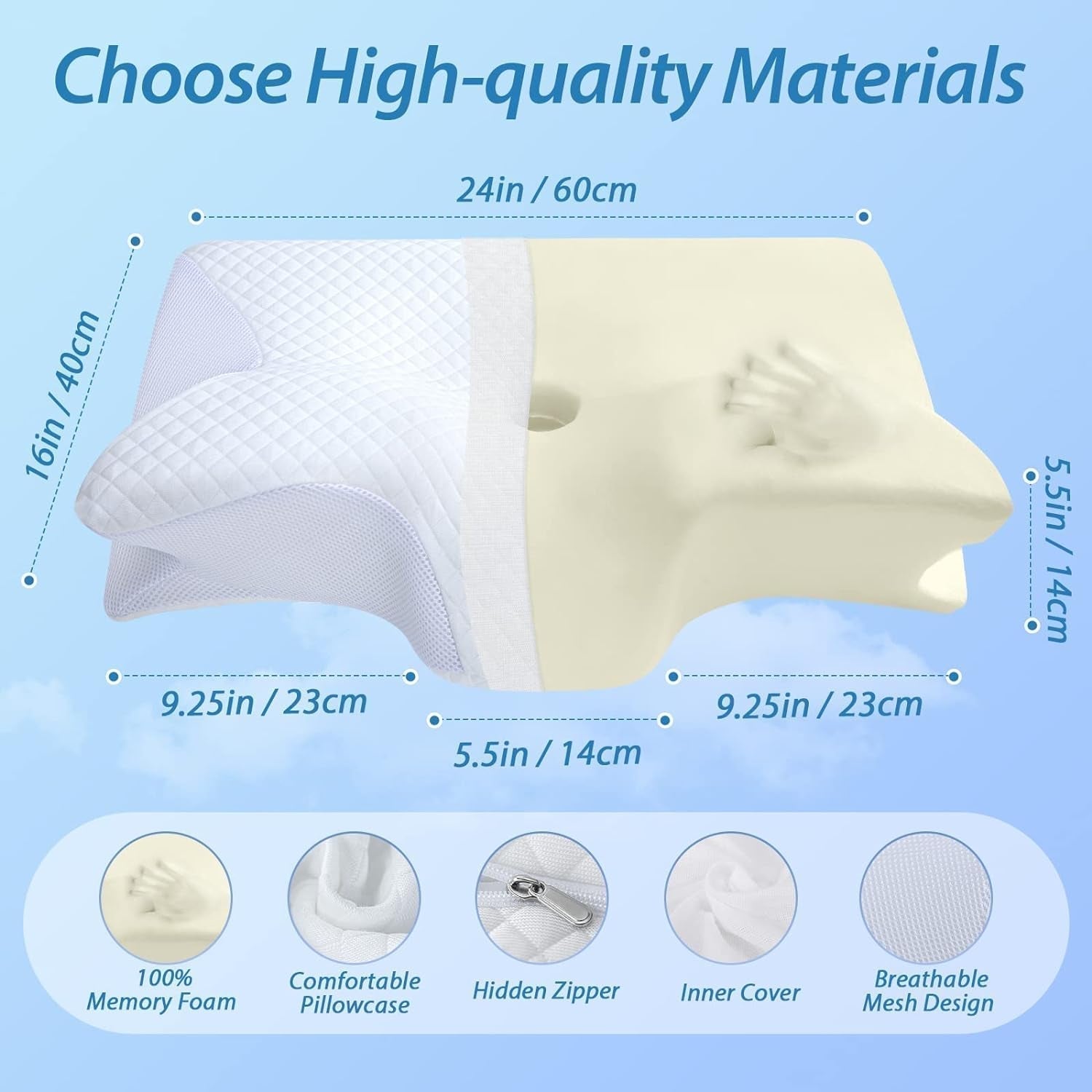 HOMCA nackkudde Ortopedisk kudde 2 i 1 Memory Foam Kudde Nackstödskudde Ergonomisk huvudkudde för rygg-, sido- och buksmärtor 60 X 13/11 X 40 cm Naty Shop Cervikala ortopediska kuddar