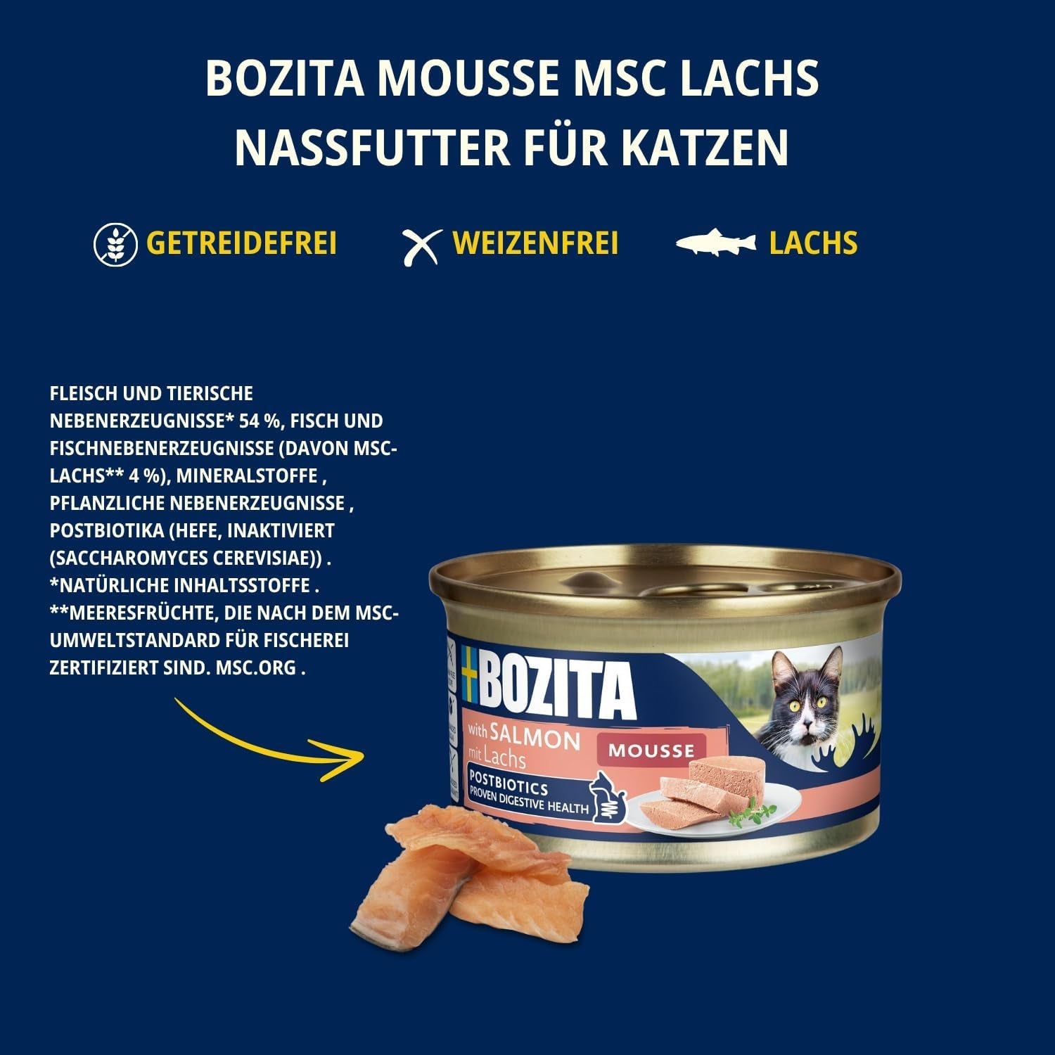 Bozita Mousse MSC Lax - 12 x 85 g våt kattmat med fin konsistens av mousse och lax - spannmålsfritt recept, inget tillsatt socker eller färgämnen - med postbiotika för att stödja tarmfloran