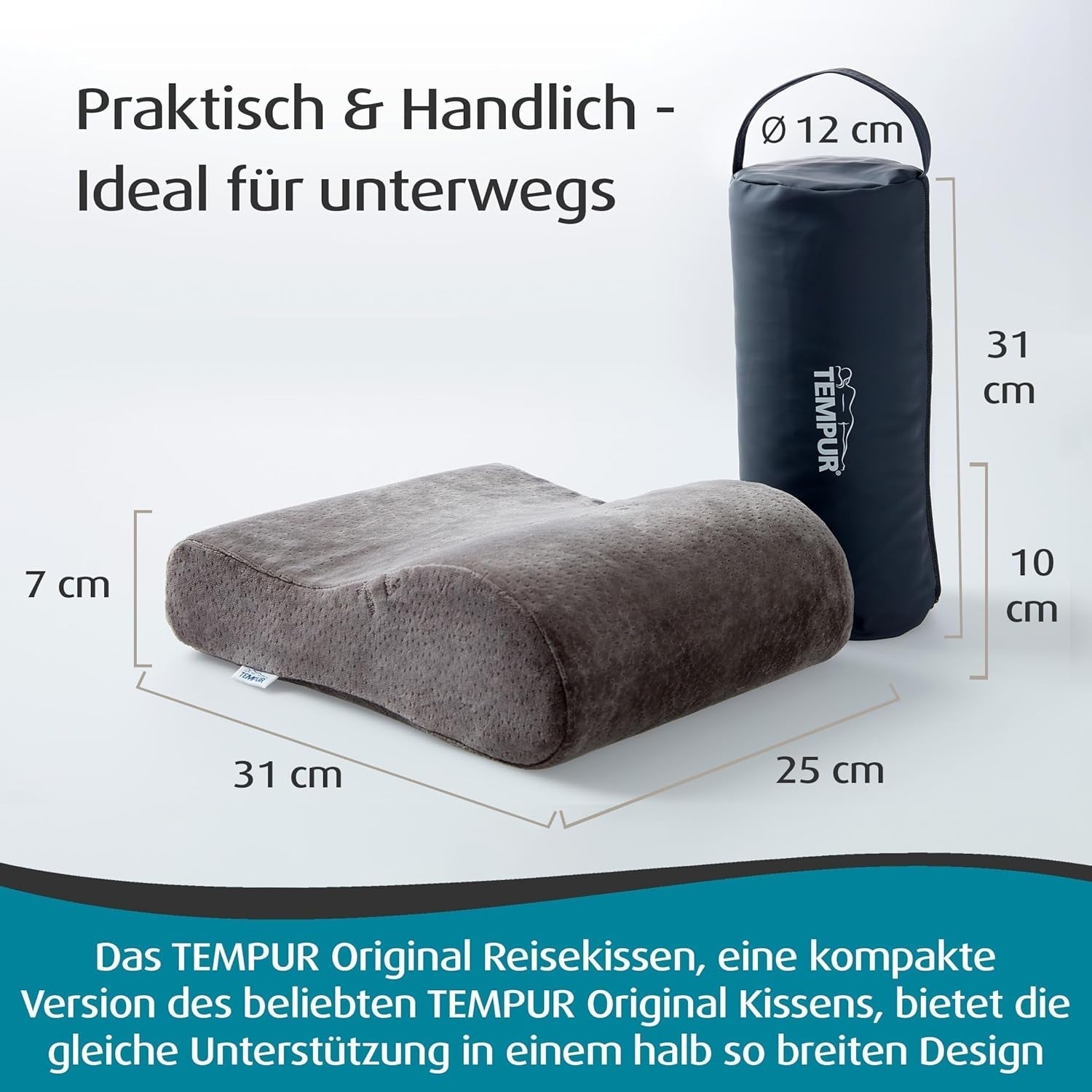 TEMPUR Memory Foam Resekudde, Ergonomisk nackkudde, inklusive bärväska, antracit, Mått 25 x 31 x 10/7 cm