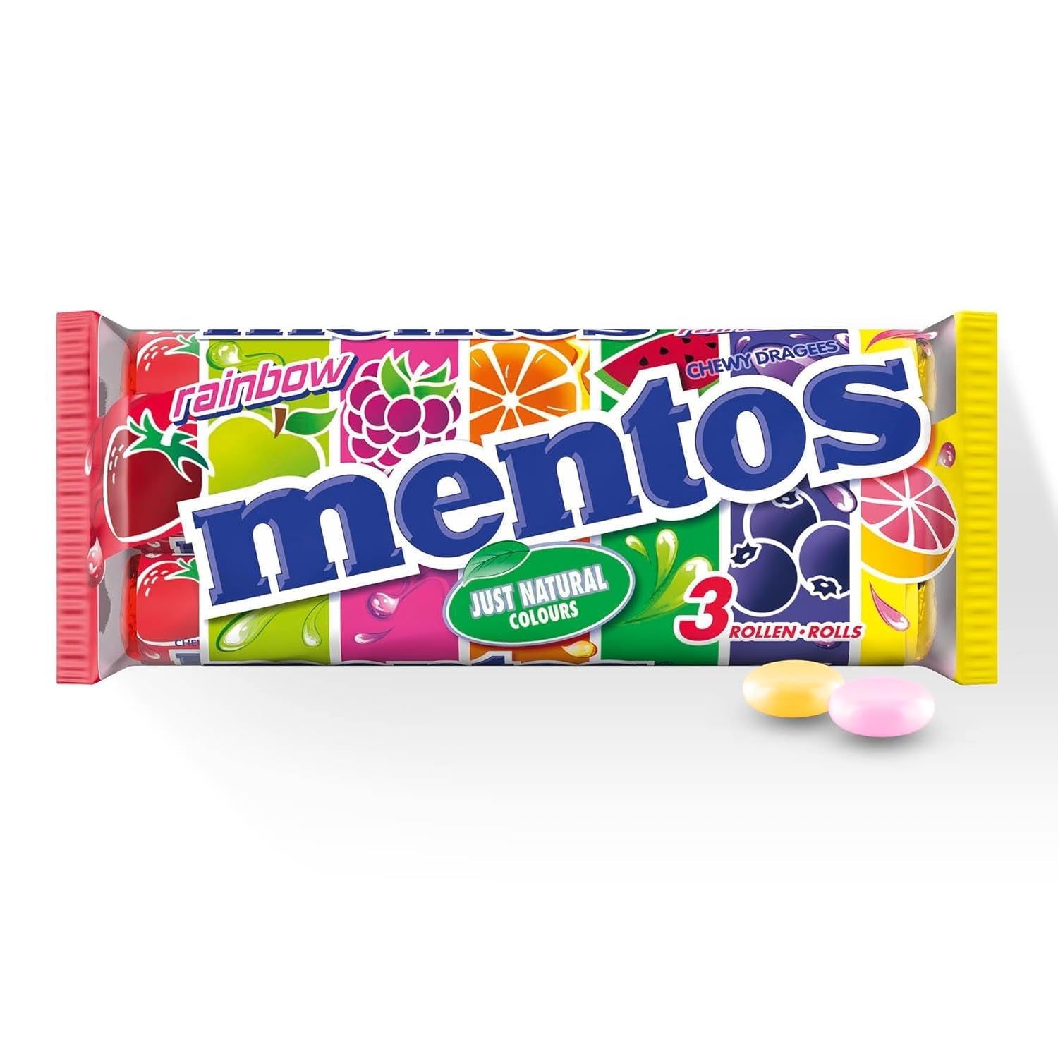 Mentos Fruit Dragees Apelsin Citron Jordgubb Tuggig fruktsmak godis (3 rullar), Vegan (Pack med 3)