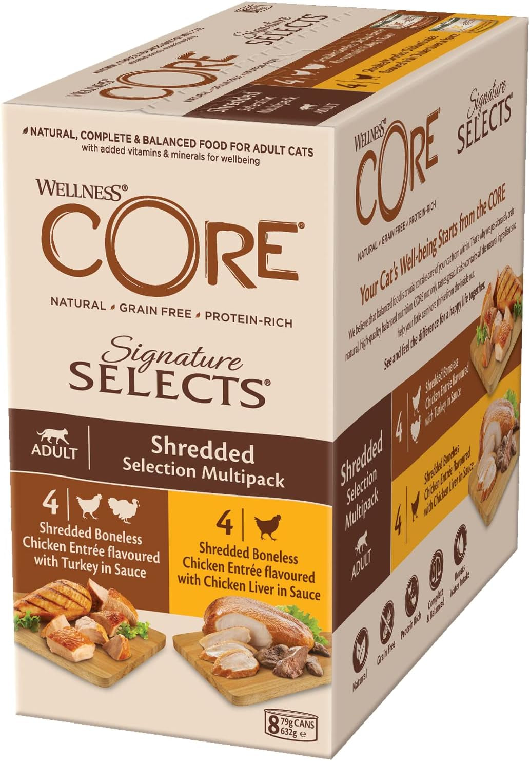 Wellness CORE Signature Selects 8 x 79 g, kyckling- och kalkonblandning - våt kattmat, läckra strimlor i sås, spannmålsfria, naturliga, allergivänliga, proteinrika, mycket kött