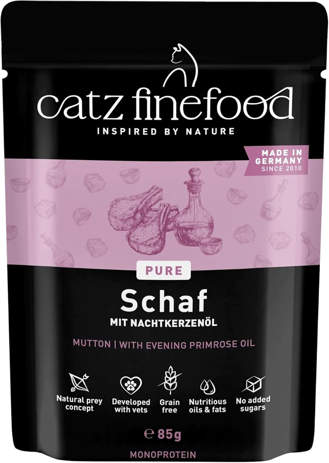 Våtfoder för katter Catz Finefood Purrrr Får Monoprotein nr. 113, för katter med känslig matsmältning, 70 % kötthalt, 16 påsar à 85 g vardera