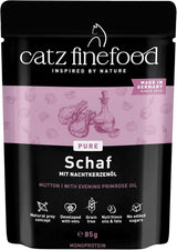Våtfoder för katter Catz Finefood Purrrr Får Monoprotein nr. 113, för katter med känslig matsmältning, 70 % kötthalt, 16 påsar à 85 g vardera