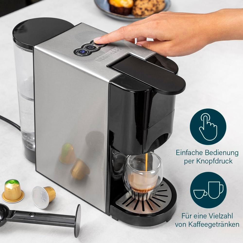 Princess 4 i 1 multikapsel espressomaskin - 1450 watt, kapslar, kapslar, malet kaffe, BPA-fri, 249450, 01.249450.01.001, svart, silver