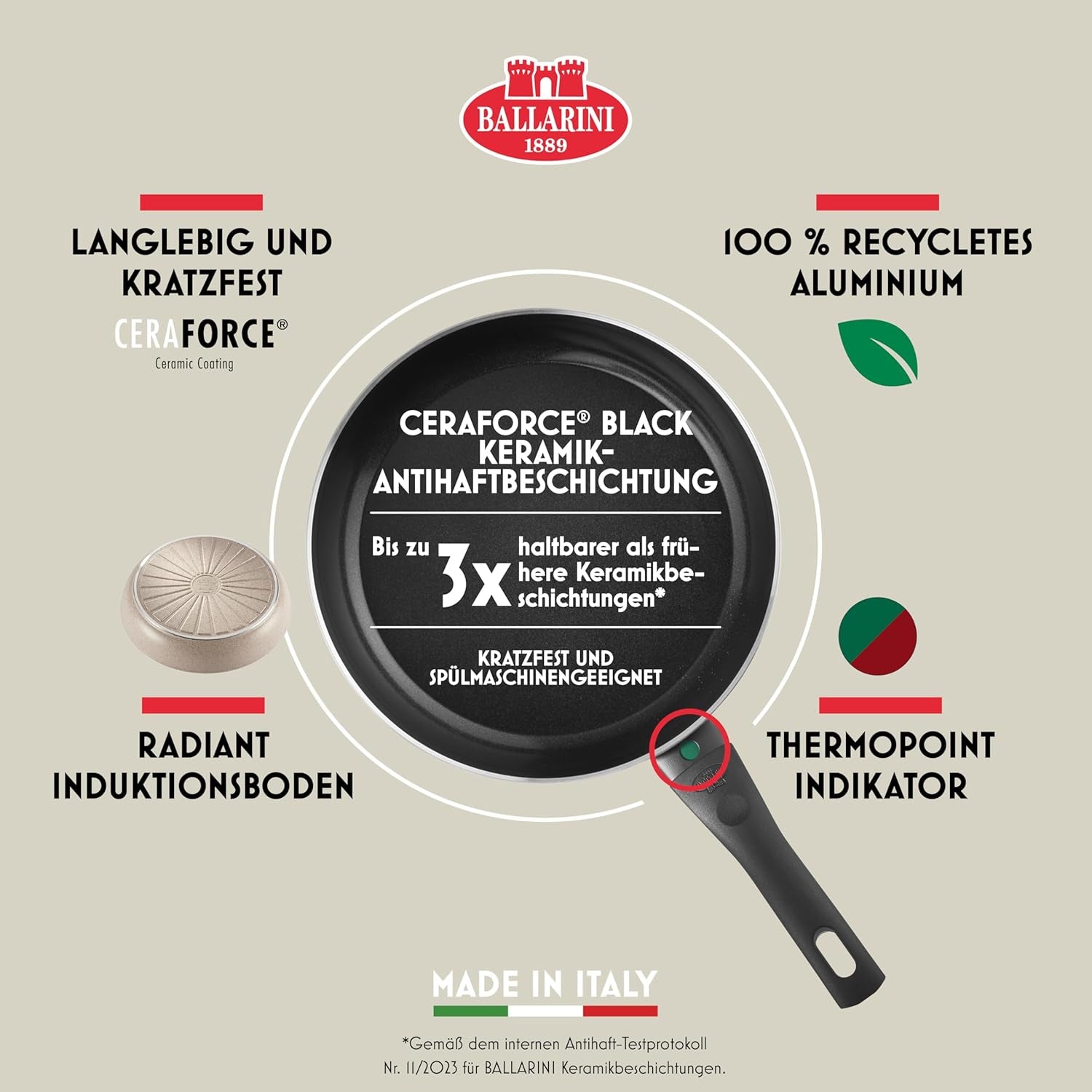 Ledro stekpanna, 24 cm, aluminium, lämplig för induktion, non-stick keramisk beläggning, Thermopoint, Made in Italy, beige grytor och stekpannor Naty Shop