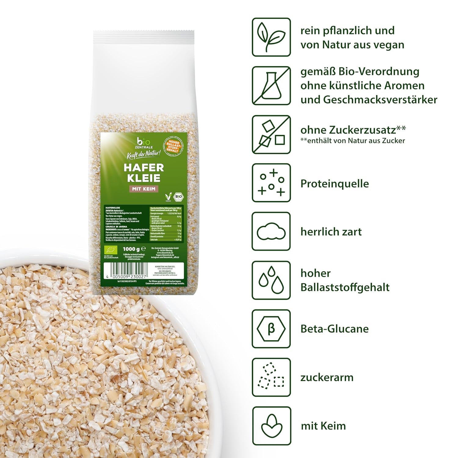 Biocentral ekologisk havrekli 1 kg | Fördelaktigt paket | Proteinkälla med hög fiber | Naturligt vegansk | Från EU:s jordbruk | Lågt sockerinnehåll