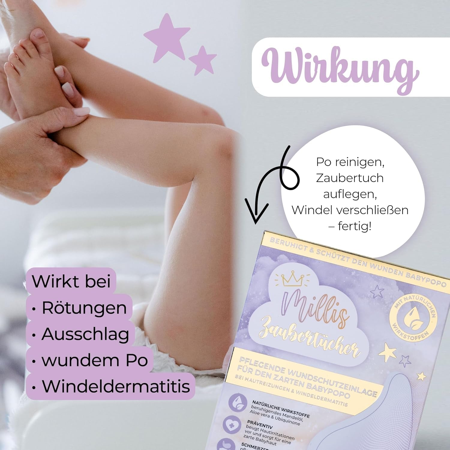 Millis Zaubertücher vid Windeldermatitis Baby, Bekannt aus "Die Höhle der Löwen", 25 Tücher (1 x 25er) mit Aloe Vera, Mandelöl & Q10 - Pflegt, Schützt & dient als Wundschutz bei gereizter Haut