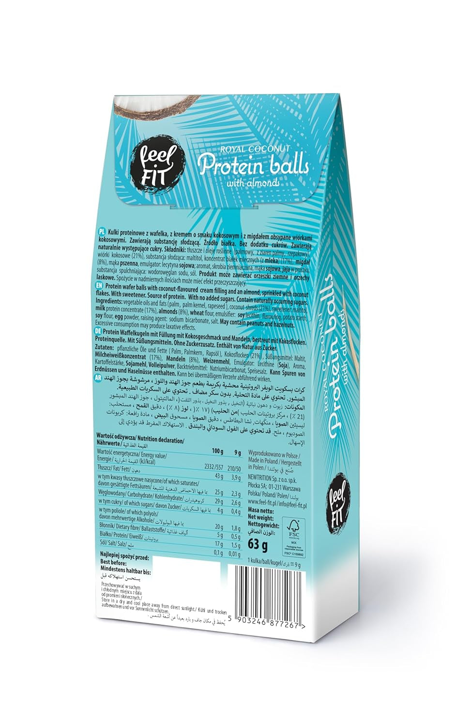 Sockerfria kokospraliner med mandel, feel FIT, utan tillsatt socker, 17% protein, 63 g