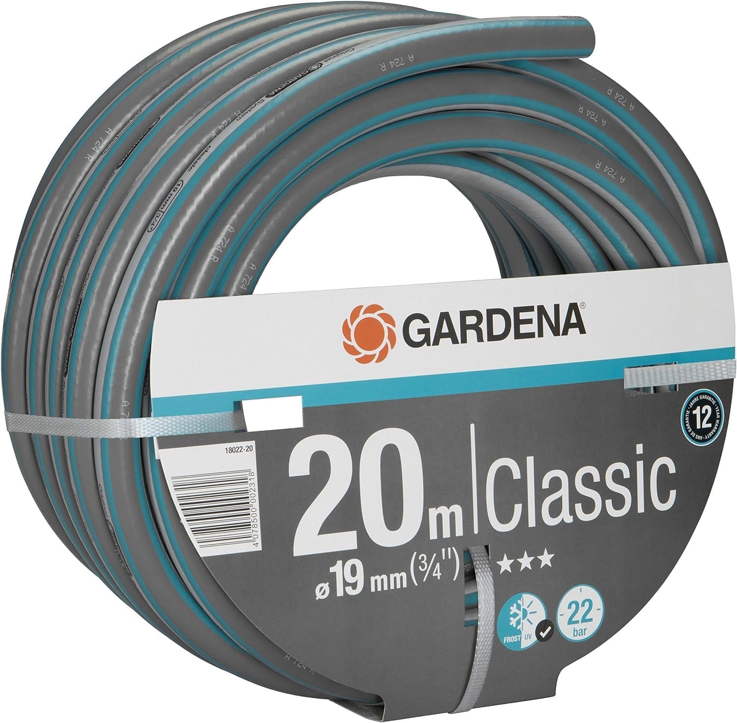 Gardena Classic Hose 19 mm (3/4 tum), 20 m: Universal trädgårdsslang av robust tyg, korsvävd, 22 bar sprängtryck, UV-beständig, inga systemkomponenter, 12 års garanti (18022-20)