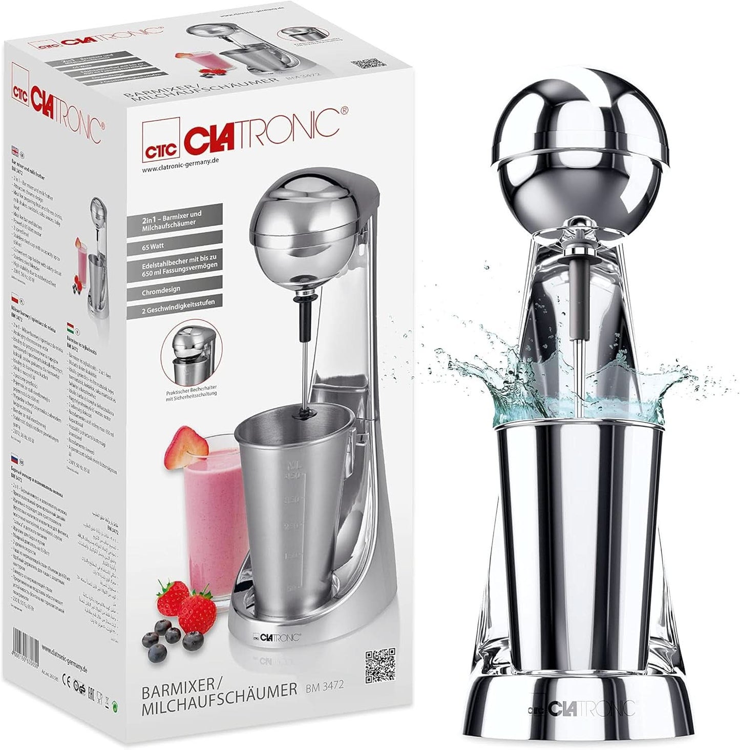 Clatronic® Barmixer U. Milchaufschäumer | Smoothie Maker | 650Ml Edelstahlbehälter | Praktischer Becherhalter | Blandare | 2 Geschwindigkeitsstufen | Kraftvoller 65 Watt Motor | Chromdesgin | BM 3472 Kitchen Naty Shop