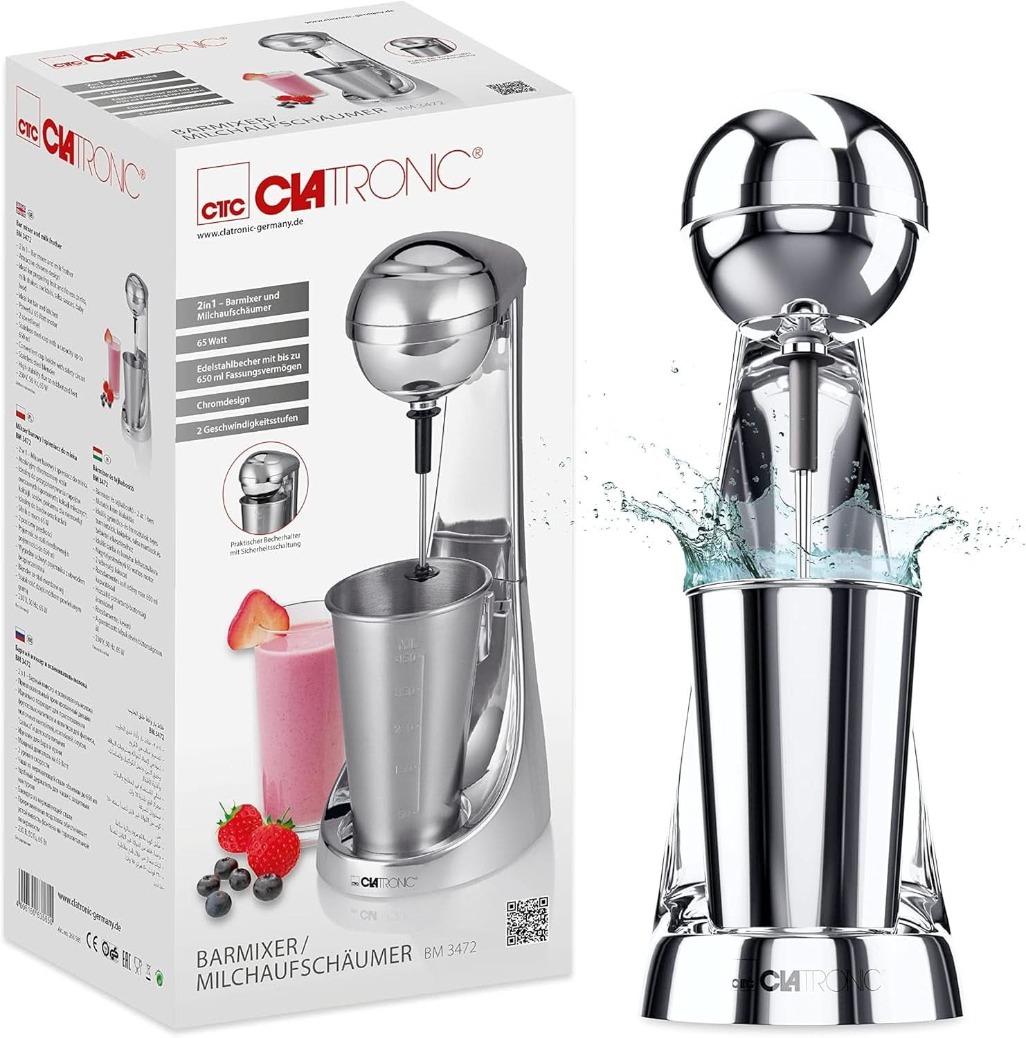 Clatronic® Barmixer U. Milchaufschäumer | Smoothie Maker | 650Ml Edelstahlbehälter | Praktischer Becherhalter | Blandare | 2 Geschwindigkeitsstufen | Kraftvoller 65 Watt Motor | Chromdesgin | BM 3472 Kitchen Naty Shop