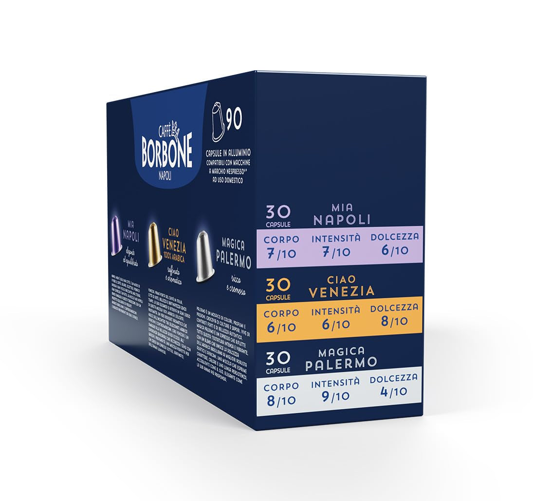 Caffè Borbone Verkostung Kit, 90 aluminiumkapslar: 30 Mia Napoli, 30 Ciao Venezia, 30 Magica Palermo, (3 x 30 Stück) – Kompatibel med Kaffeemaschinen für den Hausgebrauch av märket Nespresso®*