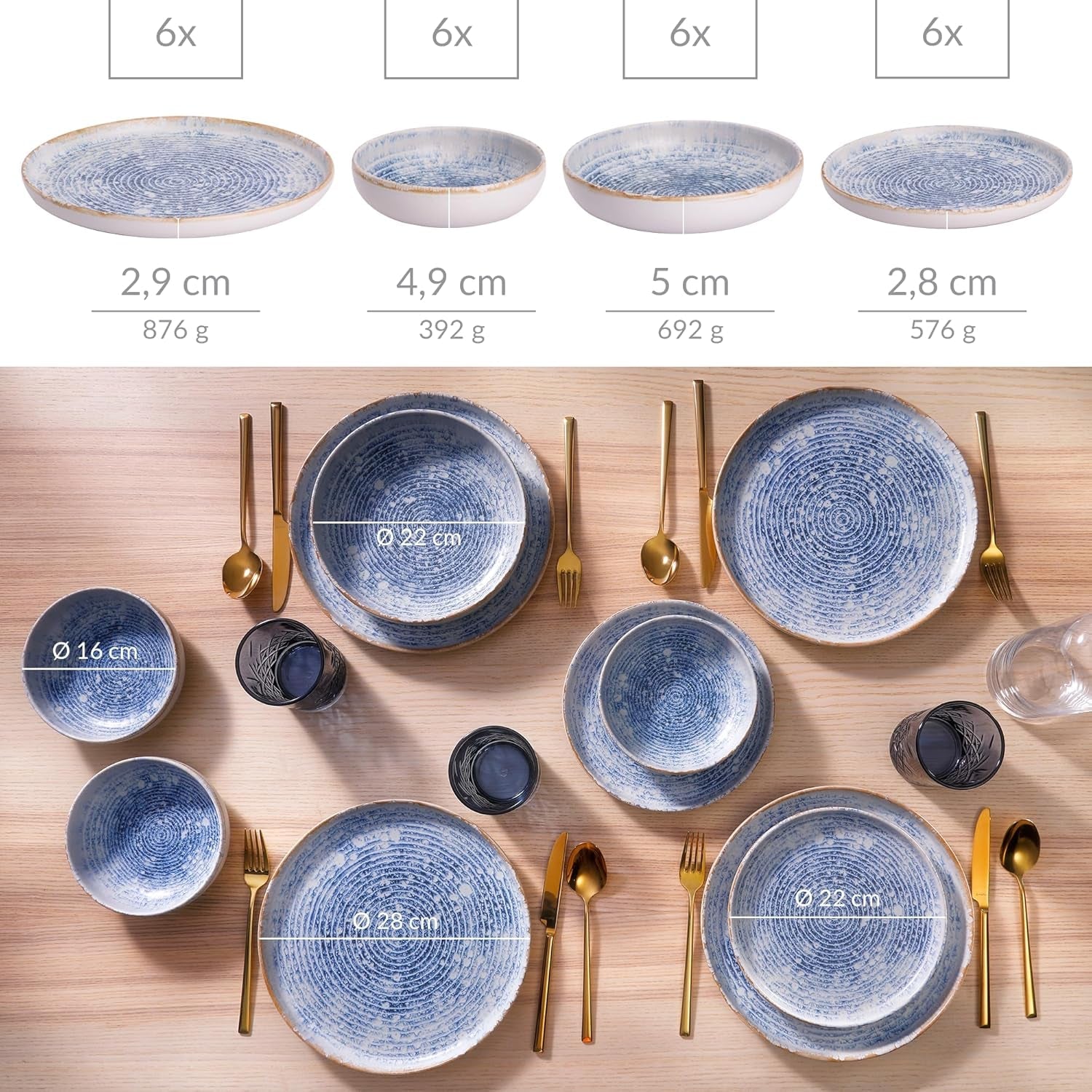 Azure Vintage Stoneware servisset för 6 - 24 delar - vita och blå ränder, präglad yta - Diskmaskin, ugn och mikrovågssäker