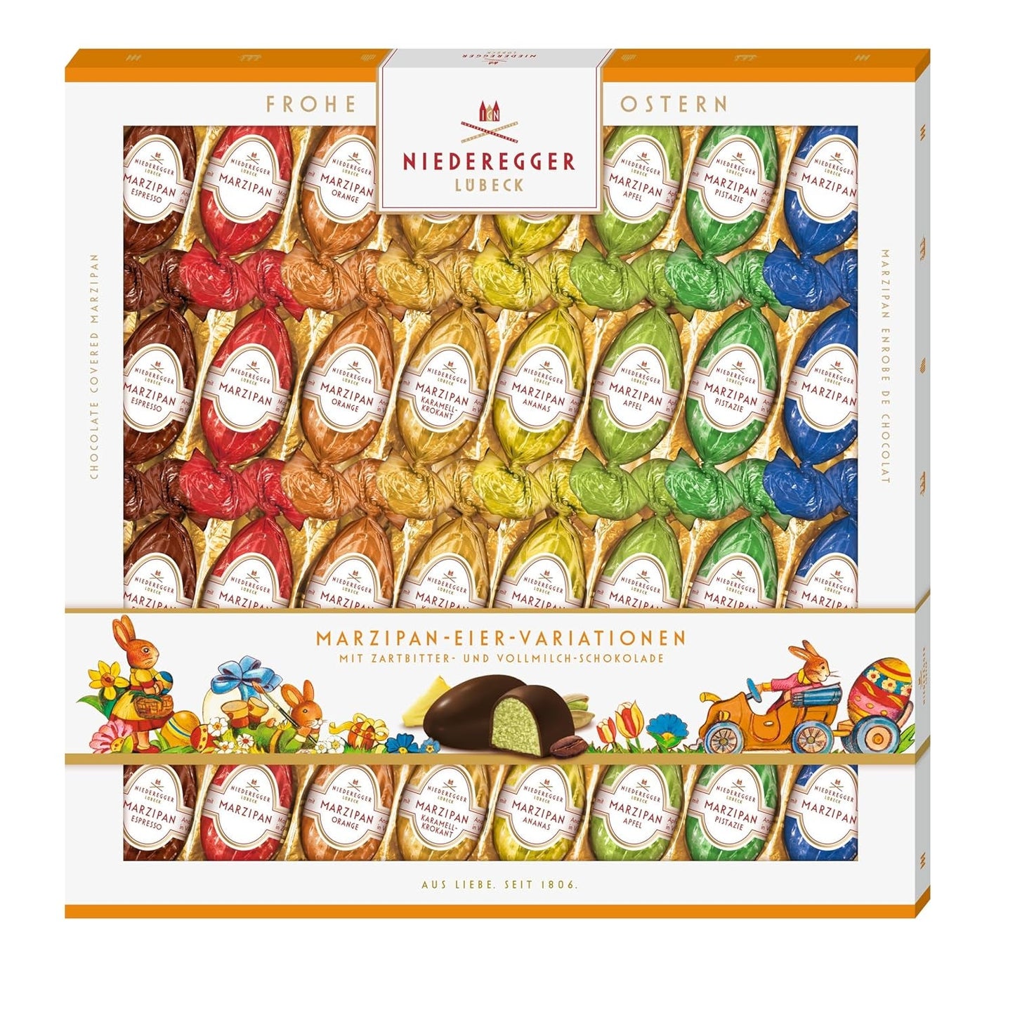 Niederegger | Marsipanägg | 1 x 400g | Varianter: Classic, Mjölkchoklad, Apelsin, Caramel Crunch, Ananas, Äpple, Espresso och Pistage | Täckt med mörk och mjölkchoklad | påskgåva