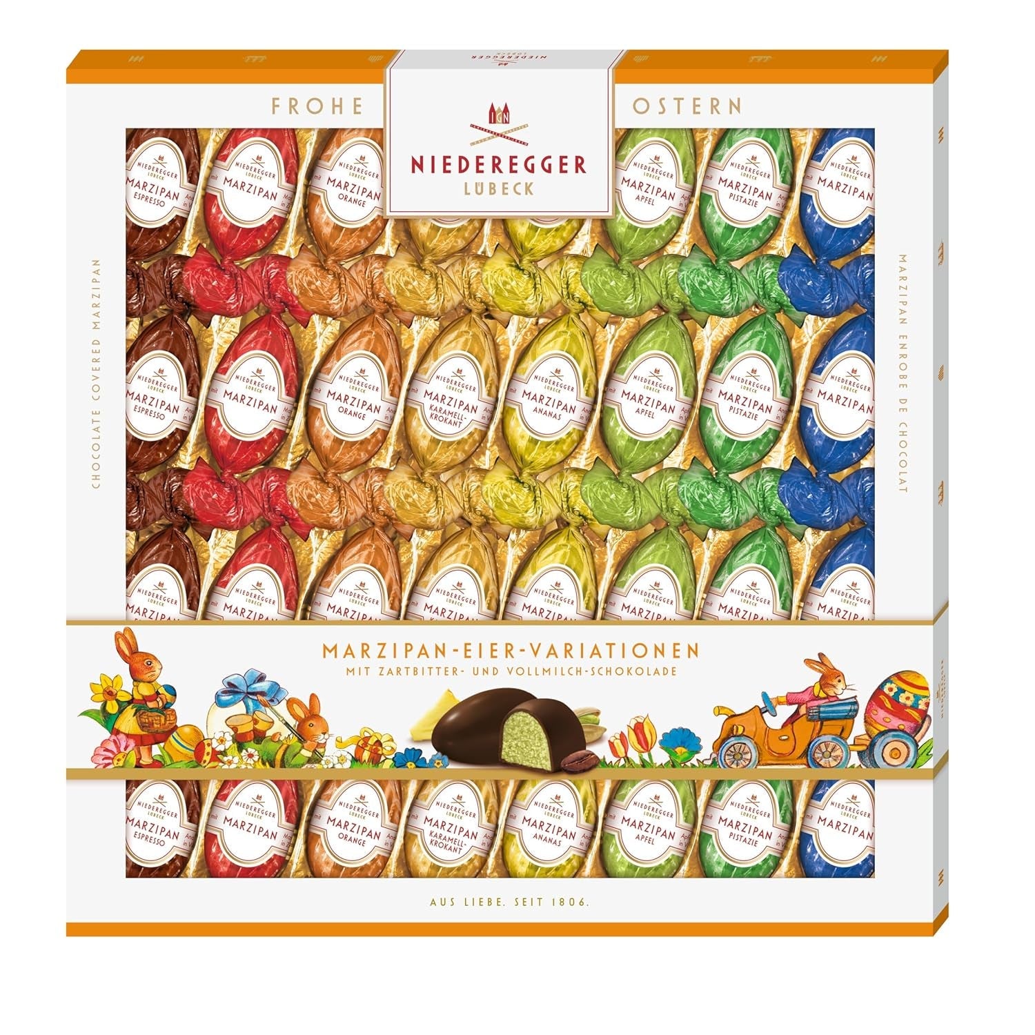 Niederegger | Marsipanägg | 1 x 400g | Varianter: Classic, Mjölkchoklad, Apelsin, Caramel Crunch, Ananas, Äpple, Espresso och Pistage | Täckt med mörk och mjölkchoklad | påskgåva