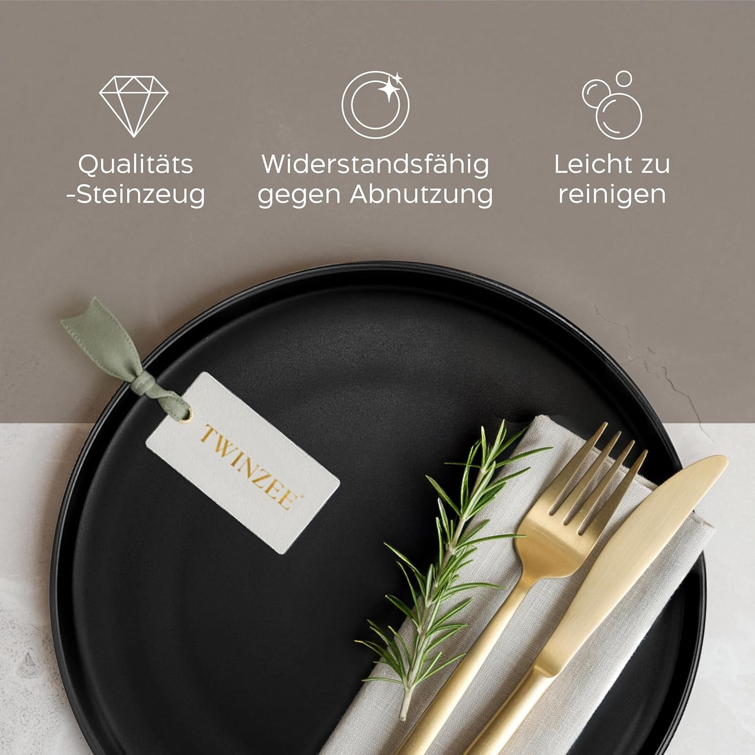 Tallrikset i stengods för 6 - Mattsvart 6-delat set Stora tallrikar för mikrovågsugn Elegant design - Twinzee Ebony Collection