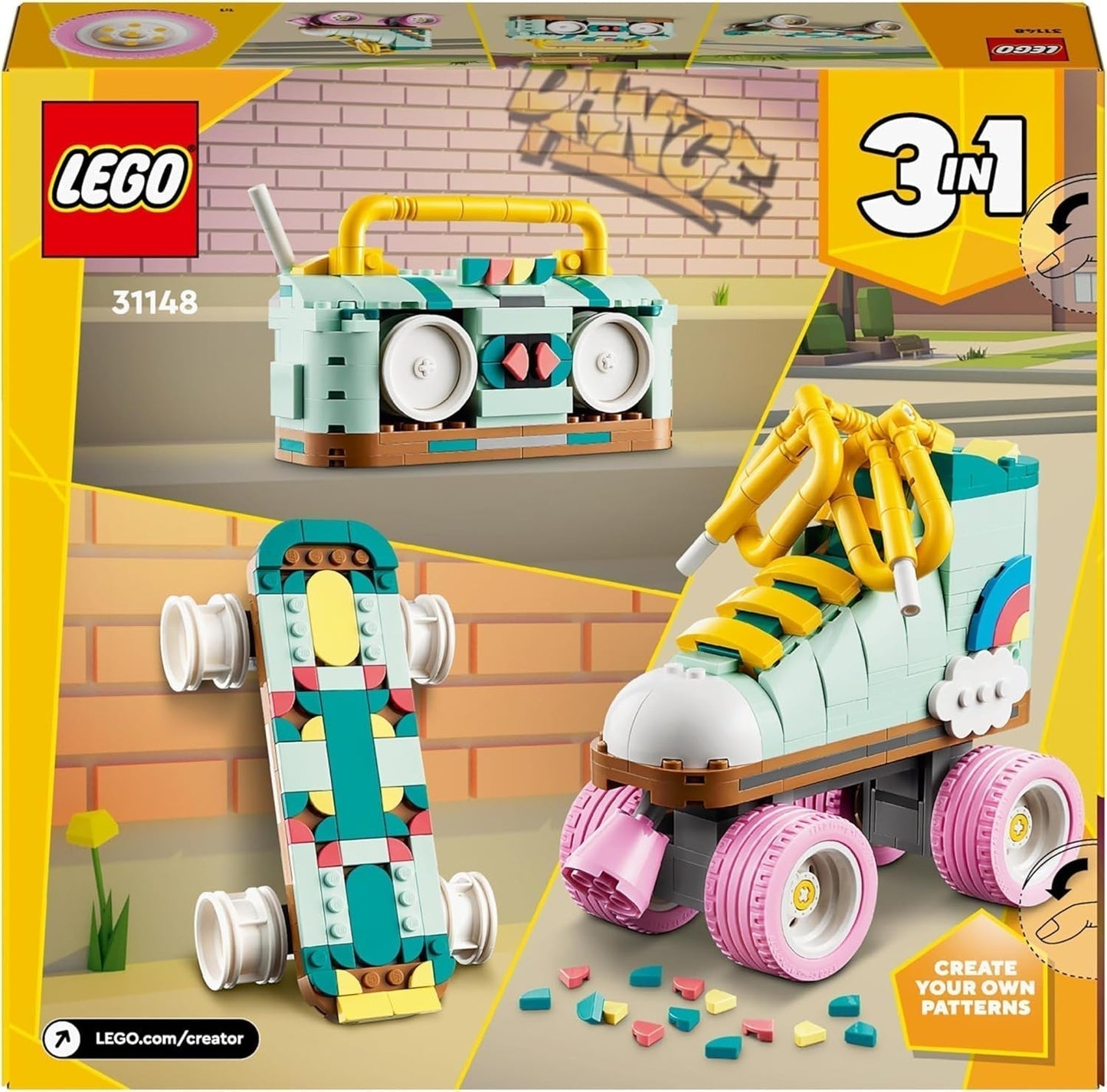 LEGO Creator 3In1 rullskridskoleksak för flickor och pojkar med miniskateboard och bombox, retro sovrumsinredning, födelsedagspresent för 8 år 31148 Byggset Besuche den LEGO-Store