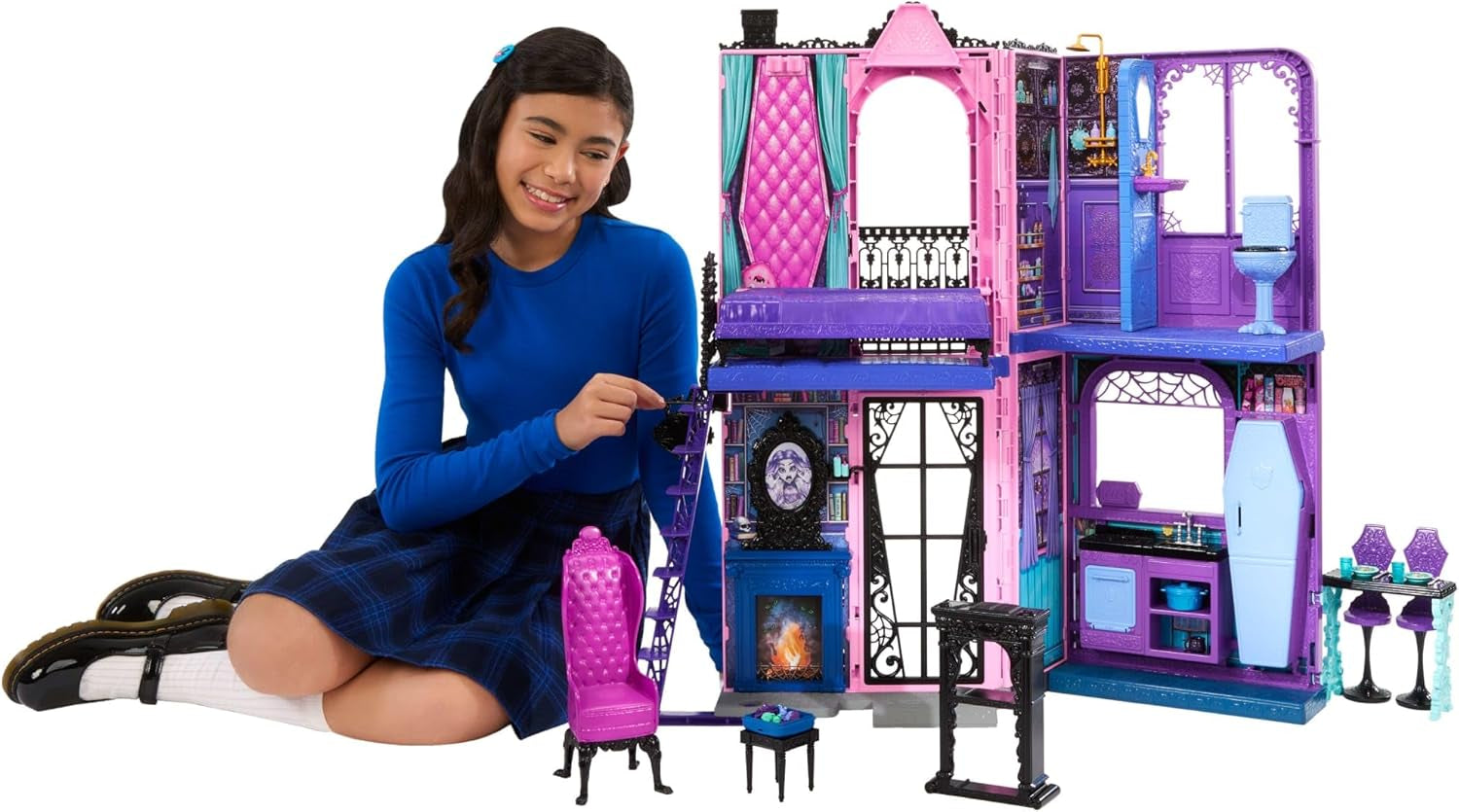 Monster High Buh-tique Hotel Dollhouse, hopfällbart lekset med läskiga överraskningar i varje rum och 13+ lekset, inklusive möbler och tillbehör, JBF16