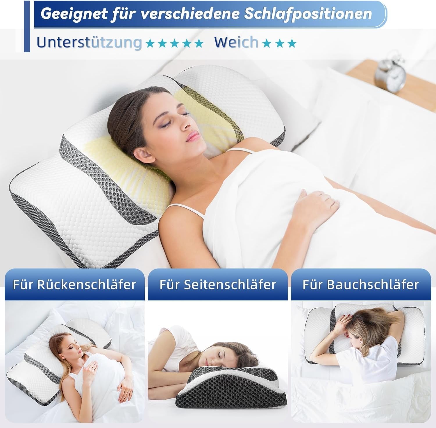 Ortopedisk kudde, ergonomisk nackkudde, huvudkudde, original kudde med memoryskum för sidor, rygg- och magstöd, nackstödskudde för män, kvinnor (67,3 X 38,2 X 13,8/3 cm) Cervikala ortopediska kuddar Naty Shop