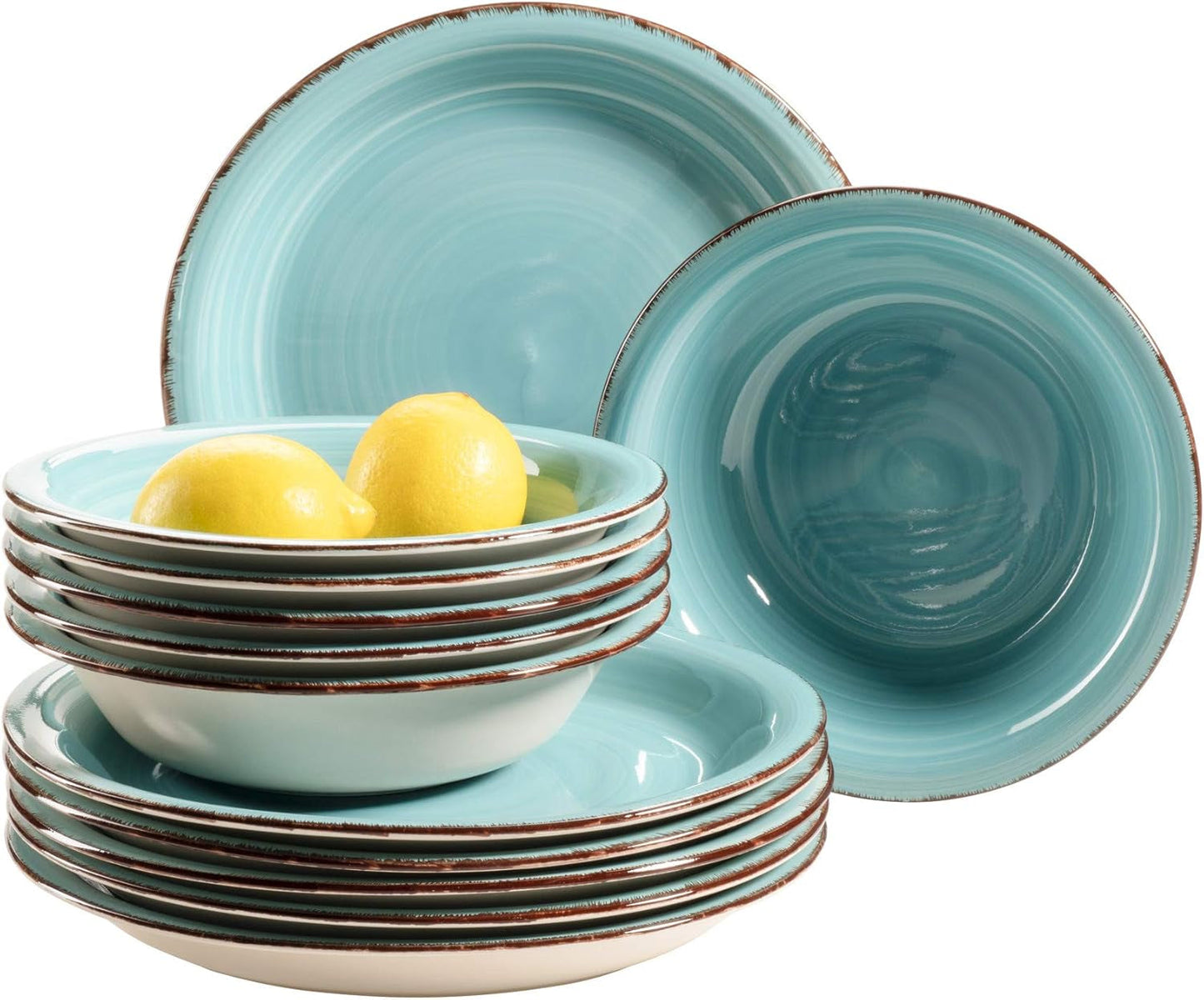 MÄSER Bel Tempo II Teller-Set för 6 Personen im modernen Vintage Look, 12-teiliges Tafelservice, handbemalt, Turkis, Steingut, 27 centimeter