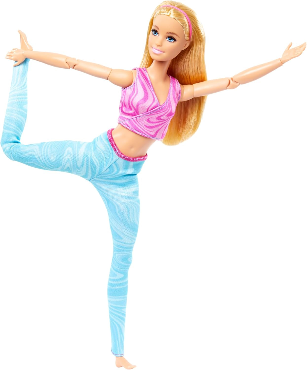 Barbie-tillverkad docka med blont hår, avtagbar rosa sporttopp och blå yogabyxor, 22 leder, HRH27, [Multicolor]
