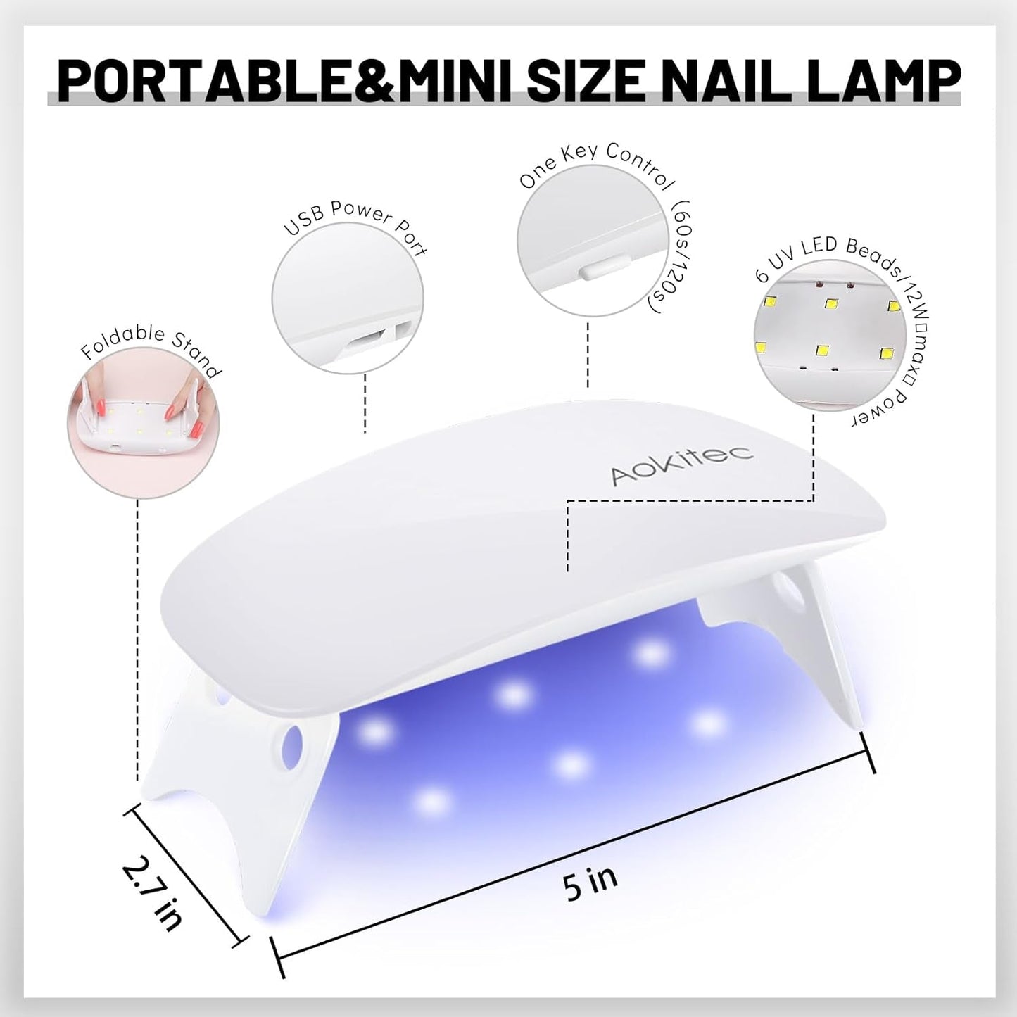 Aokitec Mini LED UV-lampa, UV-gel-nagellampa, bärbar nageltork för alla typer av gel-nagellack, härdningsverktyg för musform, kompakt, lätt med USB-kabel (vit)