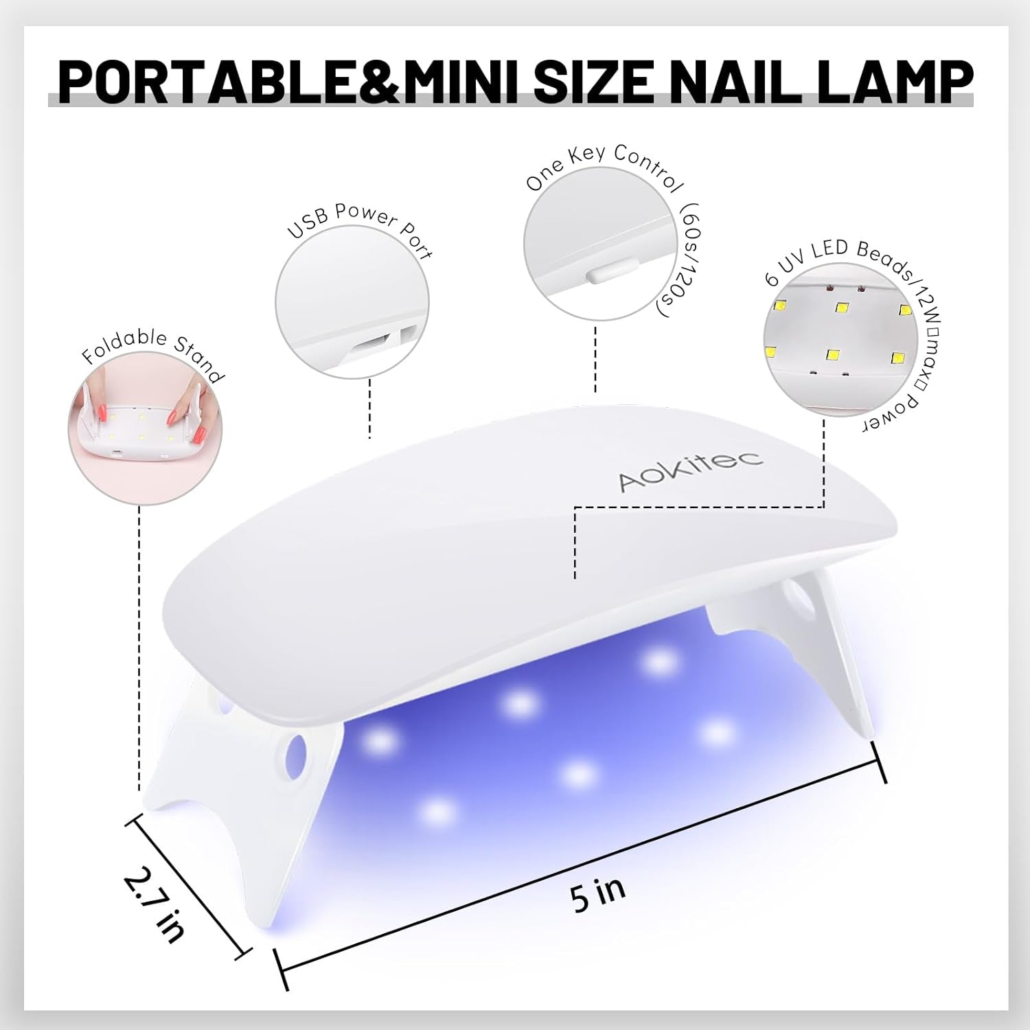 Aokitec Mini LED UV-lampa, UV-gel-nagellampa, bärbar nageltork för alla typer av gel-nagellack, härdningsverktyg för musform, kompakt, lätt med USB-kabel (vit)