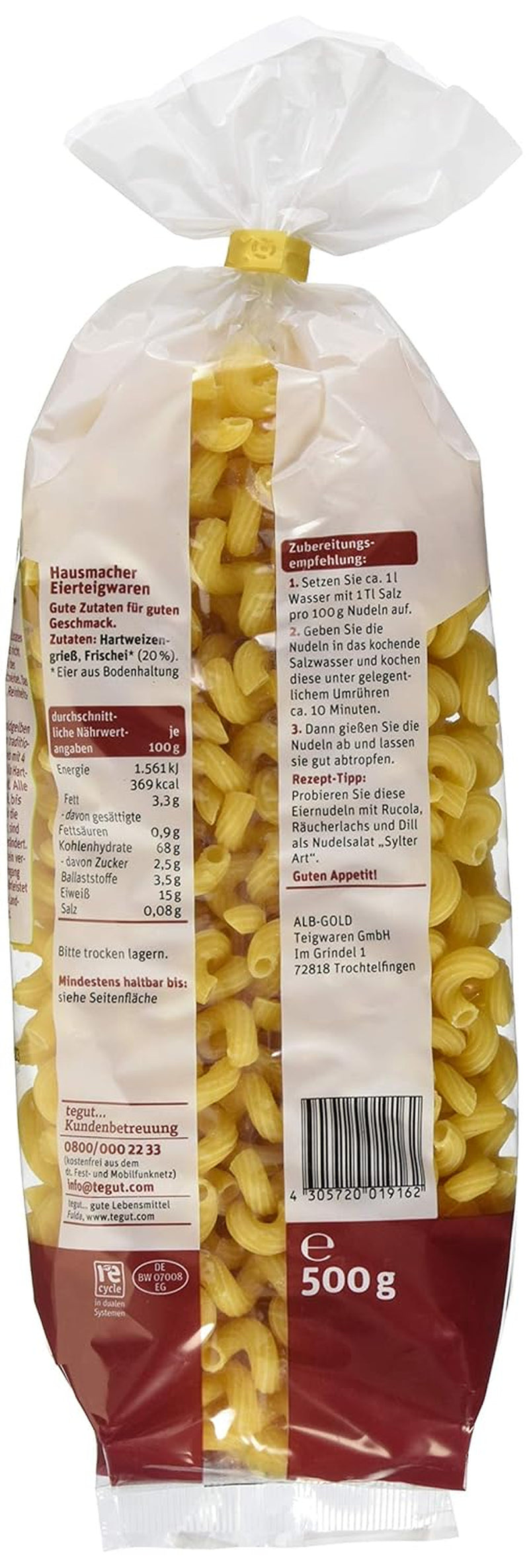 tegut... Nudlar med ägg, korkskruv, 1 x 500 g