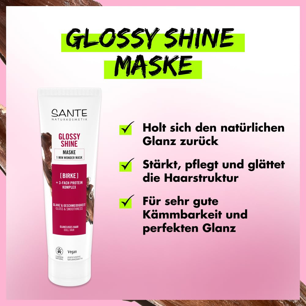 SANTE Naturkosmetik Glossy Shine Mask ekologiskt björklövsextrakt + 3x proteinkomplex, silikonfri och återfuktande hårmask, vegansk hårvård för mer glans och smidighet, 150 ml Naty Shop Hair Mask