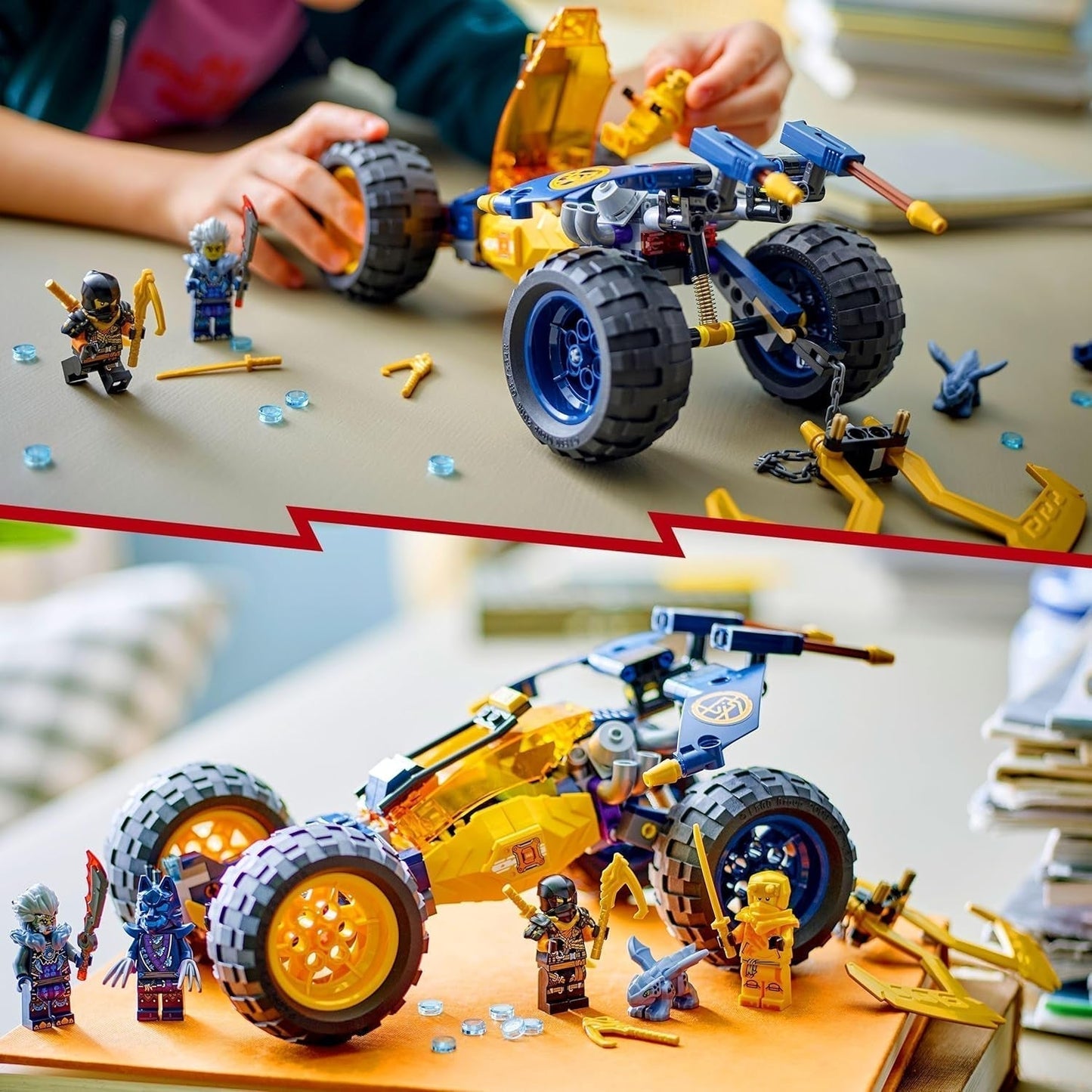 LEGO NINJAGO Arins Ninja terrängvagn, Ninjaleksak med bil, drake och 4 minifigurer, äventyrsset för barnvagnar, födelsedagspresent för pojkar och flickor 7 år 71811 Byggset Beuche den LEGO-Store