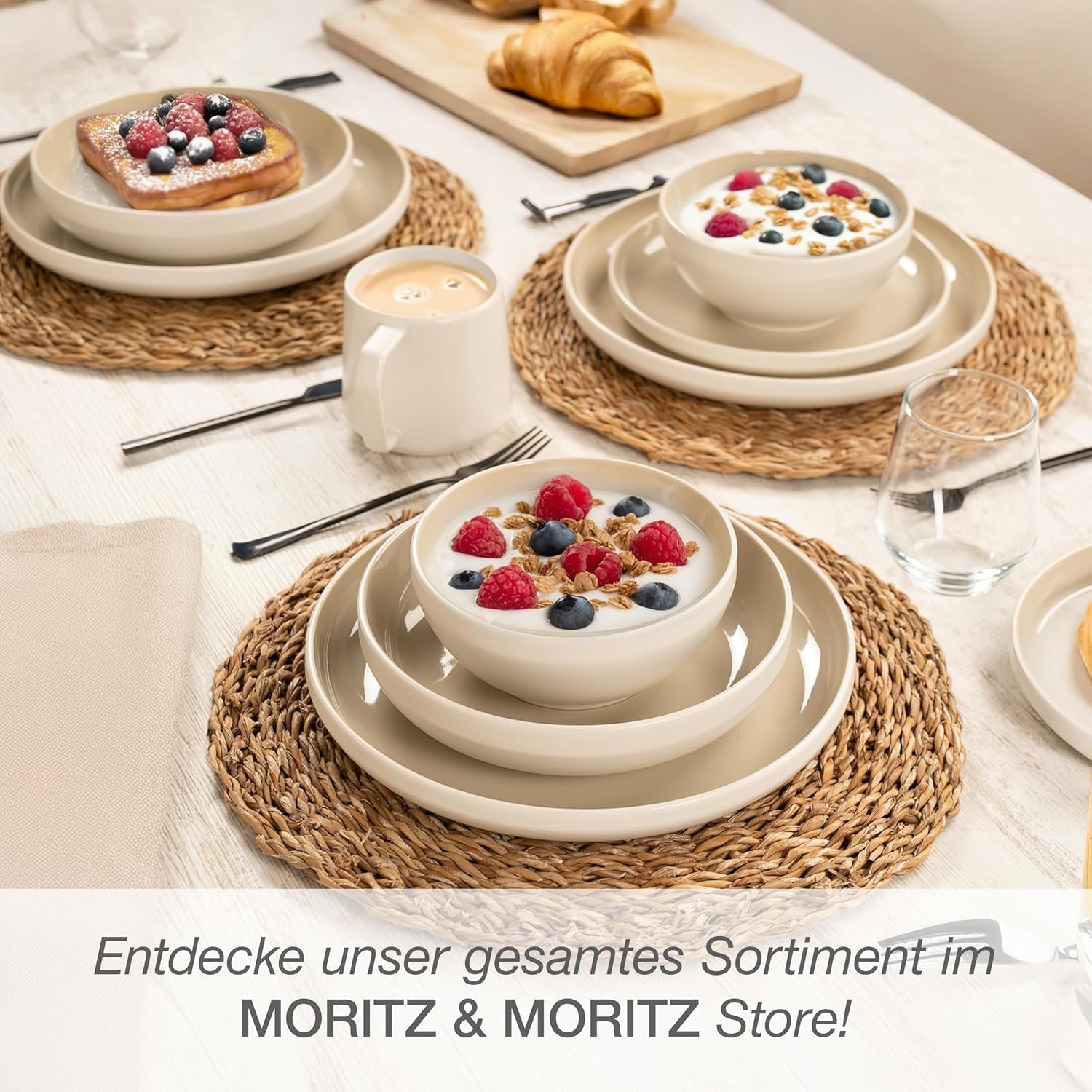 Moritz & Moritz CAVO servisset i stengods för 12 personer, 36 stycken - Modern bordsservering i sandfärg - Lättskött kombinationsset med tallrikar och skålar - Kaffeservering