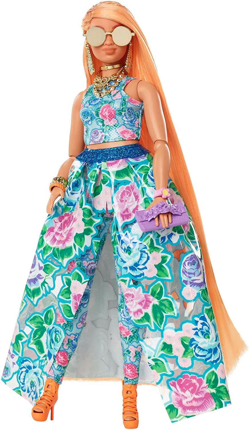 Barbie extra snygg, kurvigt långt jordgubbsblont hår, tvådelad kostym, blå katt, rosa väska, ananassolglasögon inklusive docka, lämplig som present, Hhn14 Naty Shop Dolls