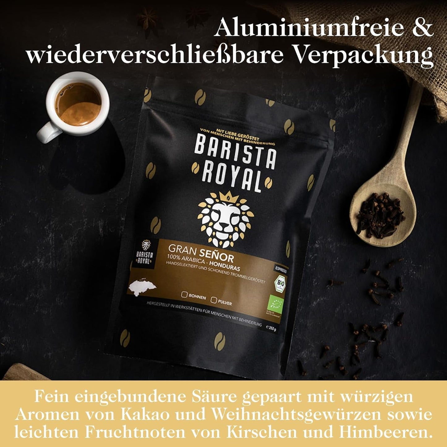 BARISTA ROYAL Bio Espressobohnen 1 kg "Gran Señor" | Färska Kaffeebohnen direkt från Honduras | 100 % Arabica Espresso ganze Bohnen | Idealisk för helautomatisk och Siebträger
