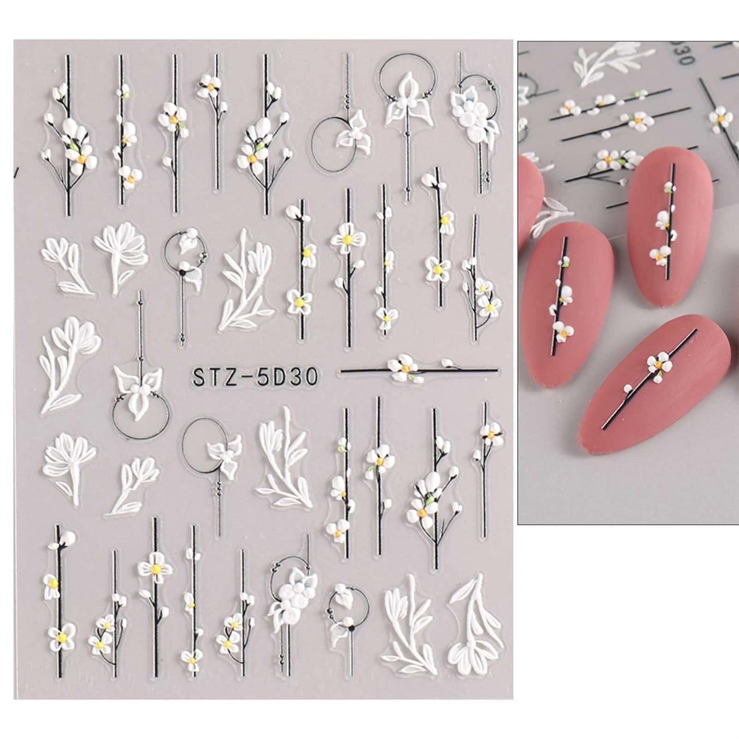 JMEOWIO 3D Nagelsticker Frühling Blume Nail Art Sticker Selbstklebend Nagelaufkleber 5D Stereoskopisk Buntes Sommer Blumen Dekoration Nageldesign Zubehör 4 Blatt