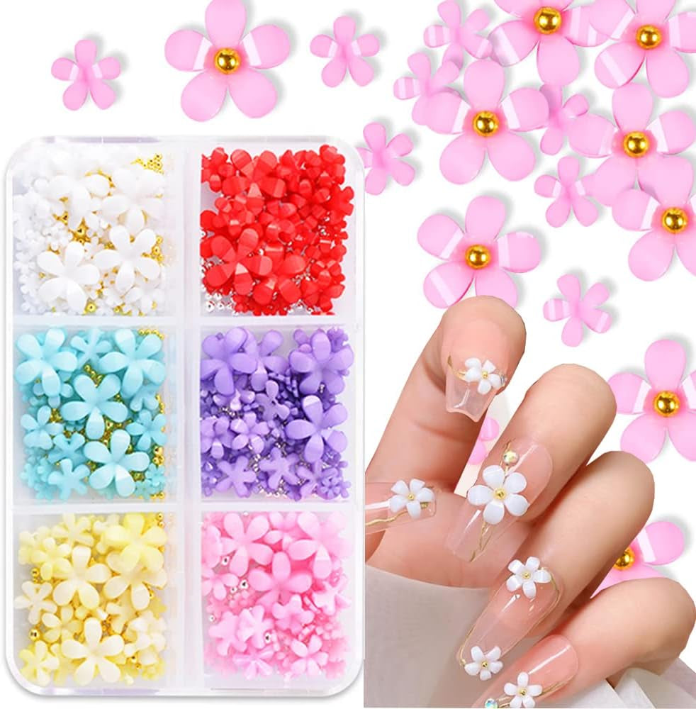 3D Flower Nails, 6 Grids, Flower Nail Charms, Akryl Nagel Strass, Nageltillbehör, DIY vårnageldekorationer