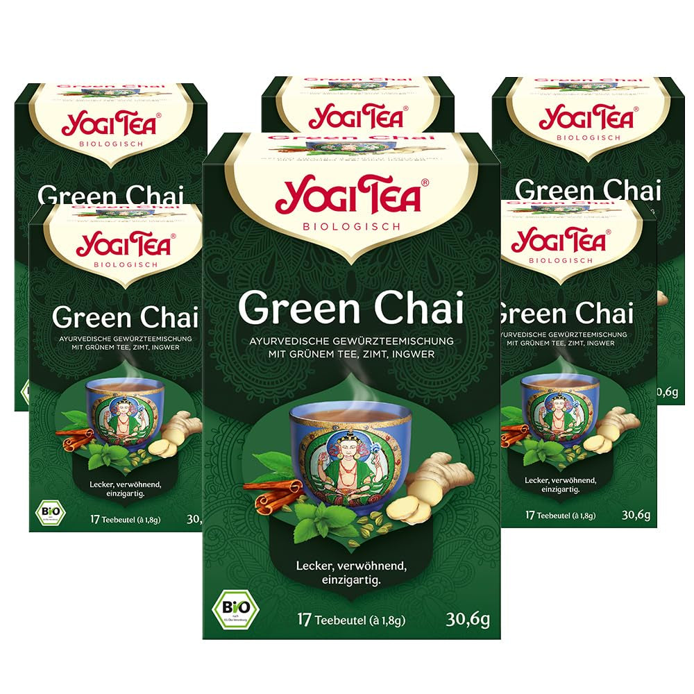 Yogi Tea Green Chai, organiskt ayurvediskt kryddat te, blandning av kanel, mynta, grönt te, ingefära, kardemumma och kryddnejlika, 6X17 tepåsar (totalt 102 tepåsar)