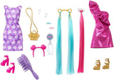 Barbie Totally Hair - Docka med extra långt regnbåghår som är lätt att styla och 10 mode- och stylingaccessoarer, färgblock prickig klänning, för åldrarna 3 och uppåt, HKT96
