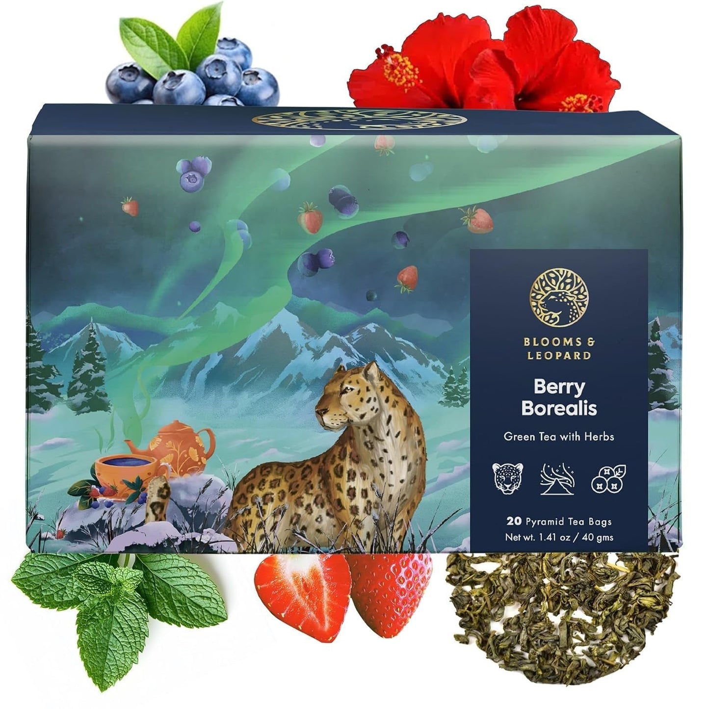 Blooms & Leopard Premium gröna tepåsar - Berry Borealis Blend med Hibiscus, Blueberry, Strawberry and Spearmint - 20 Pyramid tepåsar för varmt eller kallt te