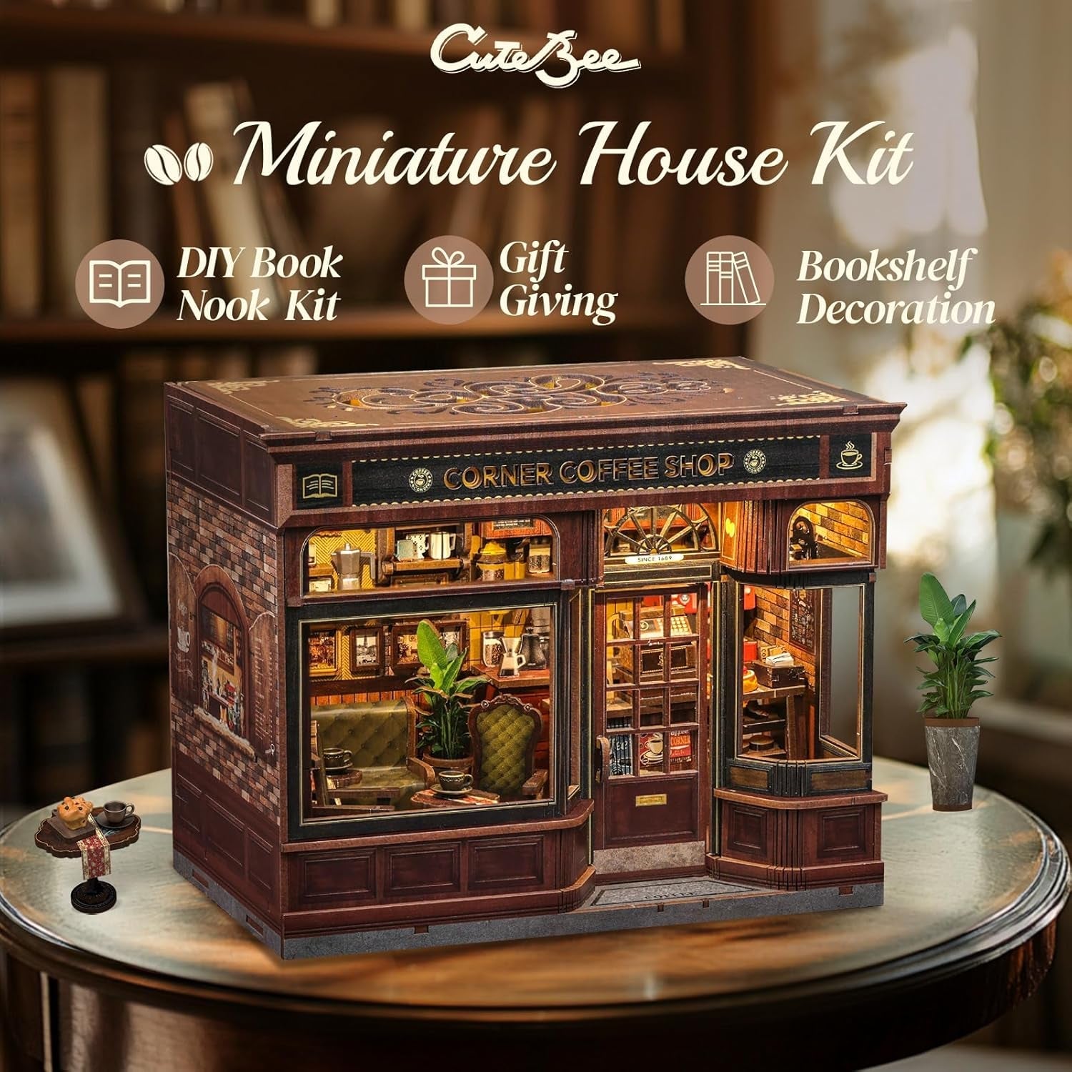 CUTEBEE Book Corner Kit - DIY dockhus, LED Light Up Miniatyr husbyggande kit för vuxna, 3D träpussel och bokställ - bokhylla dekoration och present (Corner Cafe)