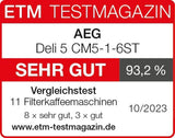 AEG Deli 5 espressomaskin, 1,5 l, programmerbar timer, varmhållningsfunktion, säkerhetsstopp, vattennivåindikator, optimal dosering, antidroppfunktion, rostfritt stål, CM5-1-6ST