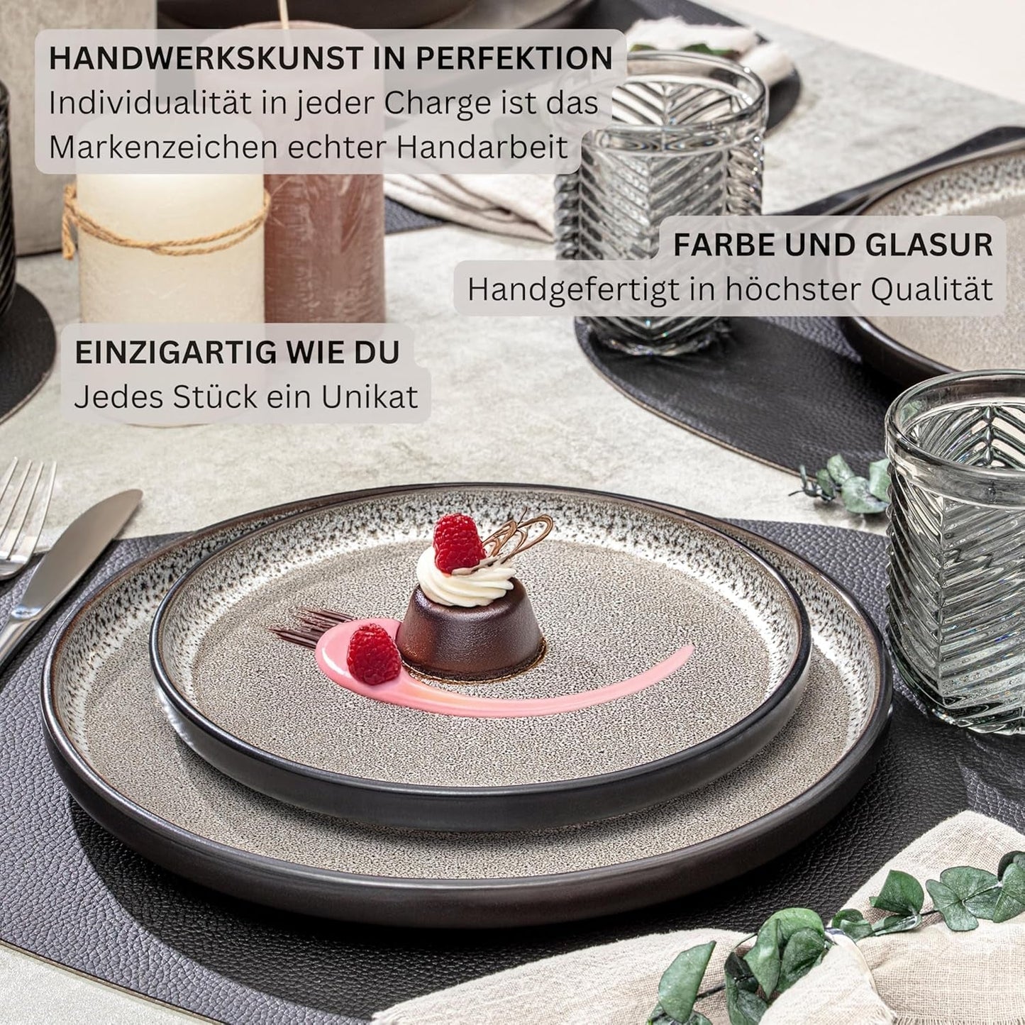SÄNGER Luxor | Stengodsservis, 18 delar, tallrikar för 6, servisset (6 mattallrikar, 6 spannmålsskålar, 6 desserttallrikar), reptålig brun-beige servis | VÄRDESAMLING