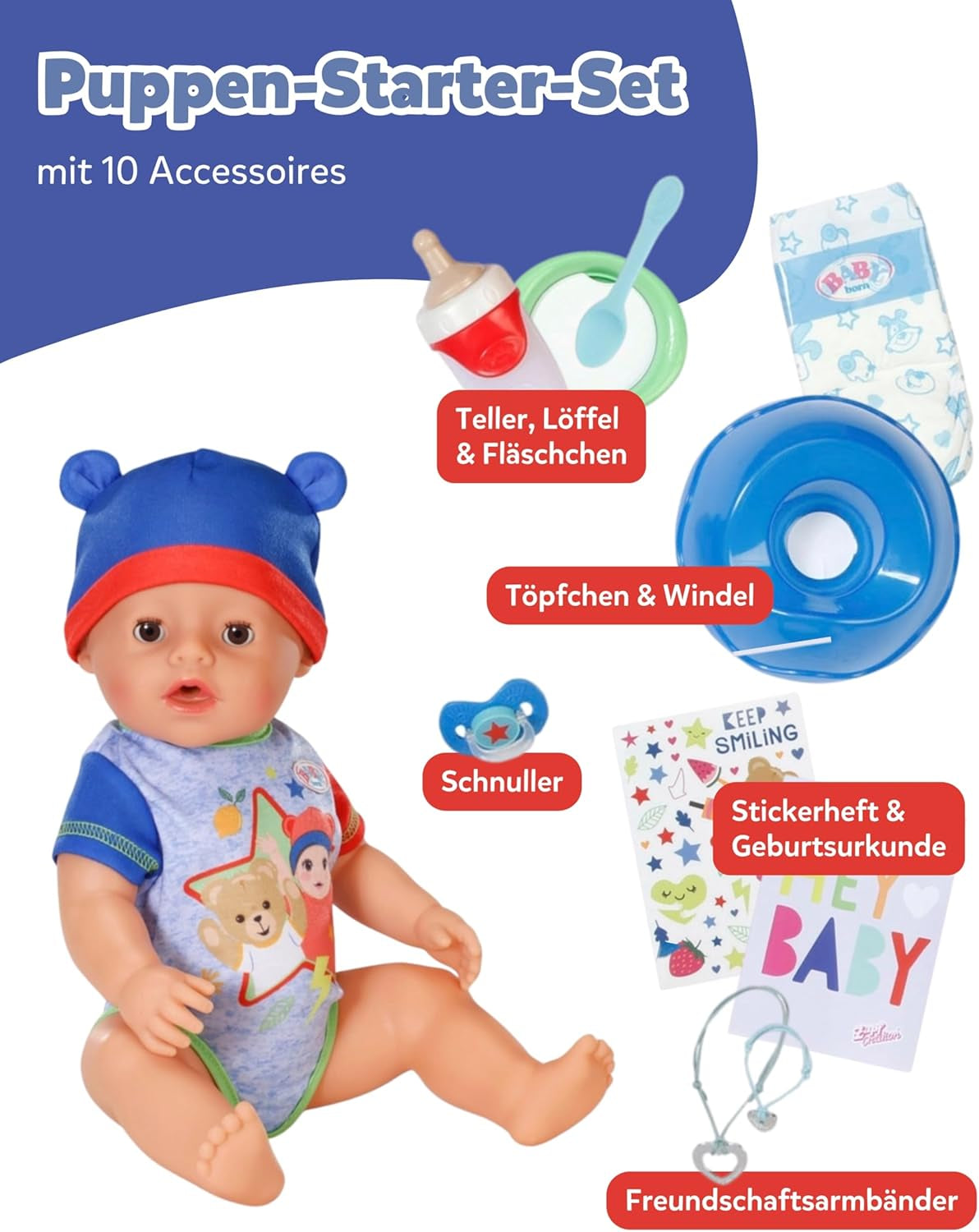 BABY Born Jonas - babydocka 43 cm - 10 funktioner inklusive tillbehör och madrass - Fungerar helt utan batterier - Lämplig för barn från 3 år och uppåt