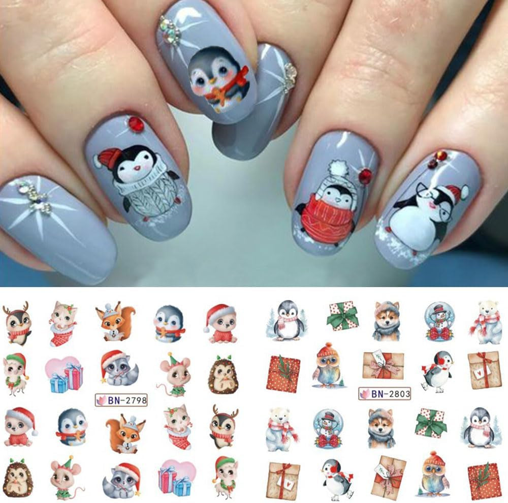 3D-julnagelklistermärken självhäftande vattenöverföring Julgran Snöflinga Älgpingvin Jul Nagelkonst Vinternageldesigner Julklistermärken Nageltillbehör