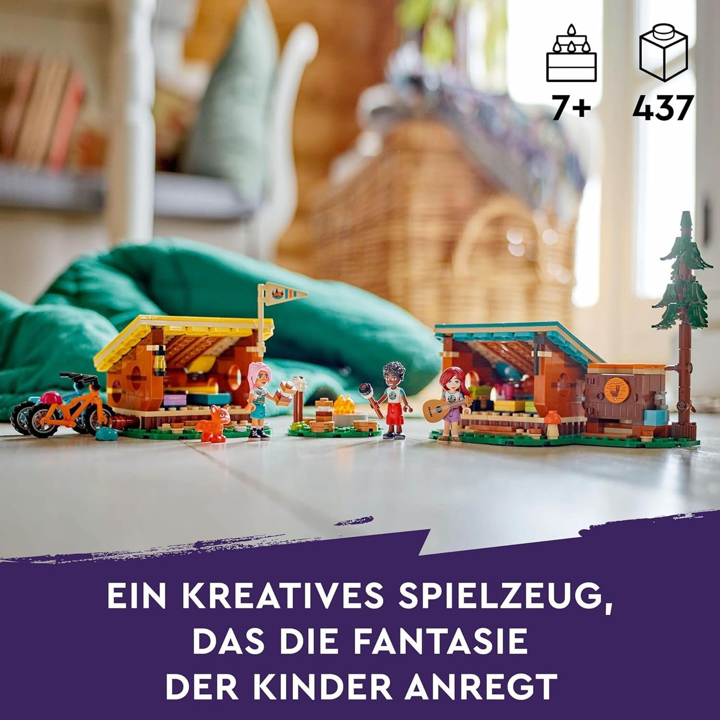 LEGO Friends mysiga hyddor på äventyrsläger, rollspel utomhus, barnleksak för flickor och pojkar från 7 år med 3 figurer och räv, campingleksak 42624 Byggset Besuche den LEGO-Store